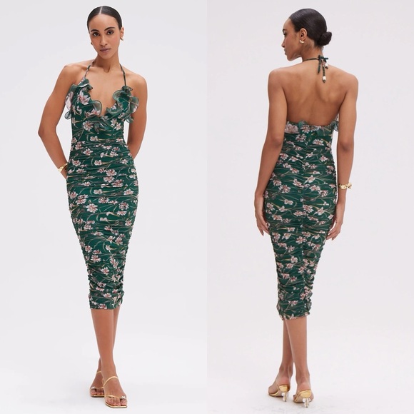 NEW NWT PatBO Botanic Retro Flutter Midi Dress Dark Green Floral Print - Picture 2 of 16